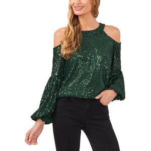 CeCe Women's Sequined Long Sleeve Cold-Shoulder Blouse Green Size L MSRP $89
